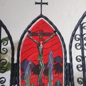 Triptyque religieux vintage en métal et céramique