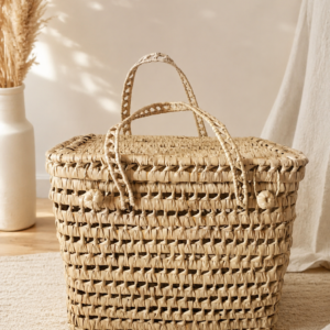 Panier de rangement marocain en fibres naturelles – Coffre bohème artisanal avec couvercle