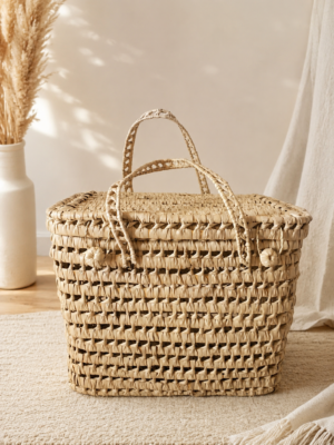 Panier de rangement marocain en fibres naturelles – Coffre bohème artisanal avec couvercle