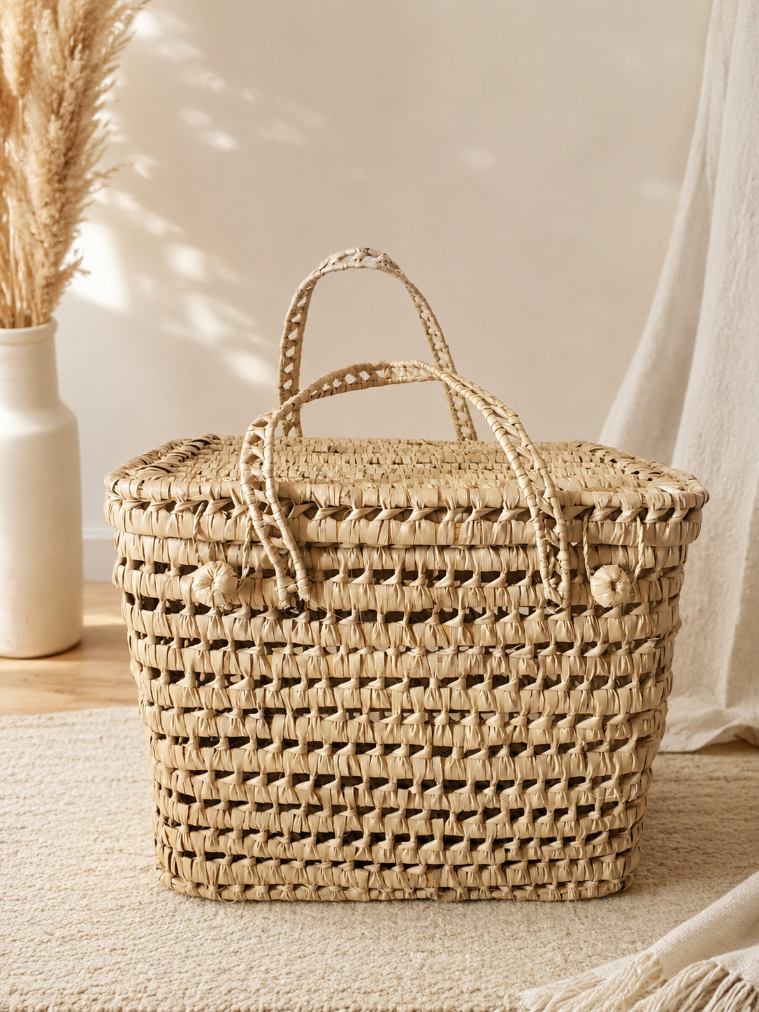 Panier de rangement marocain en fibres naturelles – Coffre bohème artisanal avec couvercle