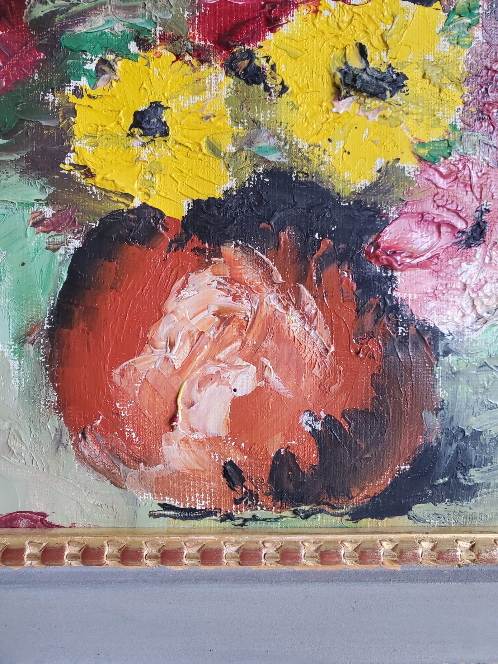 Peinture vintage bouquet de fleurs cadre en bois doré – Image 3