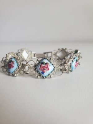 Bracelet vintage en argent filigrane et émail peint