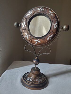 Miroir de table basculant ancien en bois et métal argenté – Décoration vintage